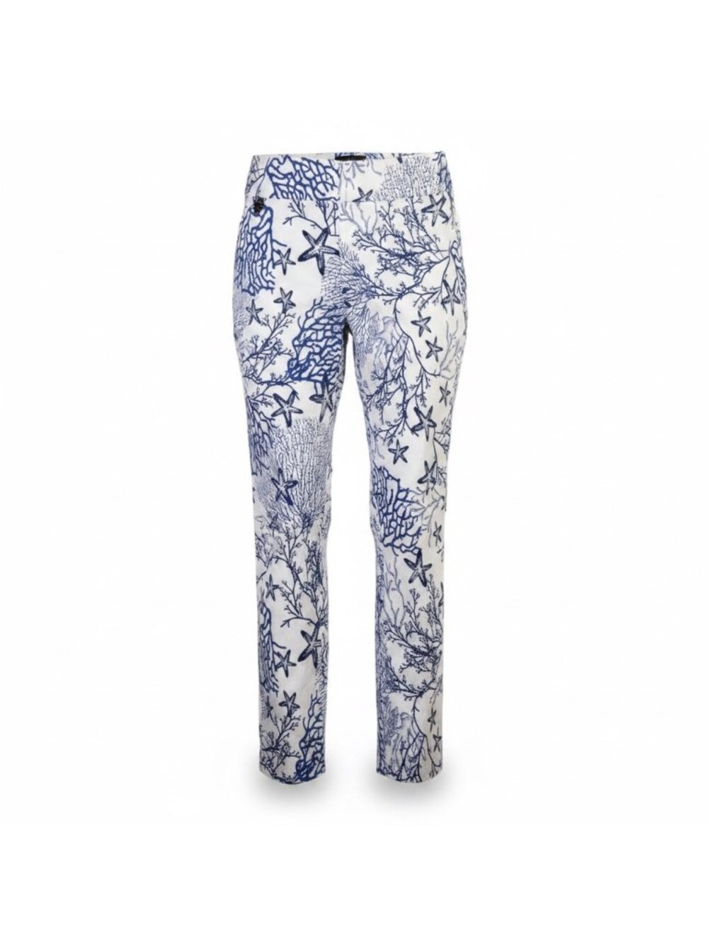 Lisette L Womens White & Blue Pull-On Slim Leg Starfish Print Pants Size 8